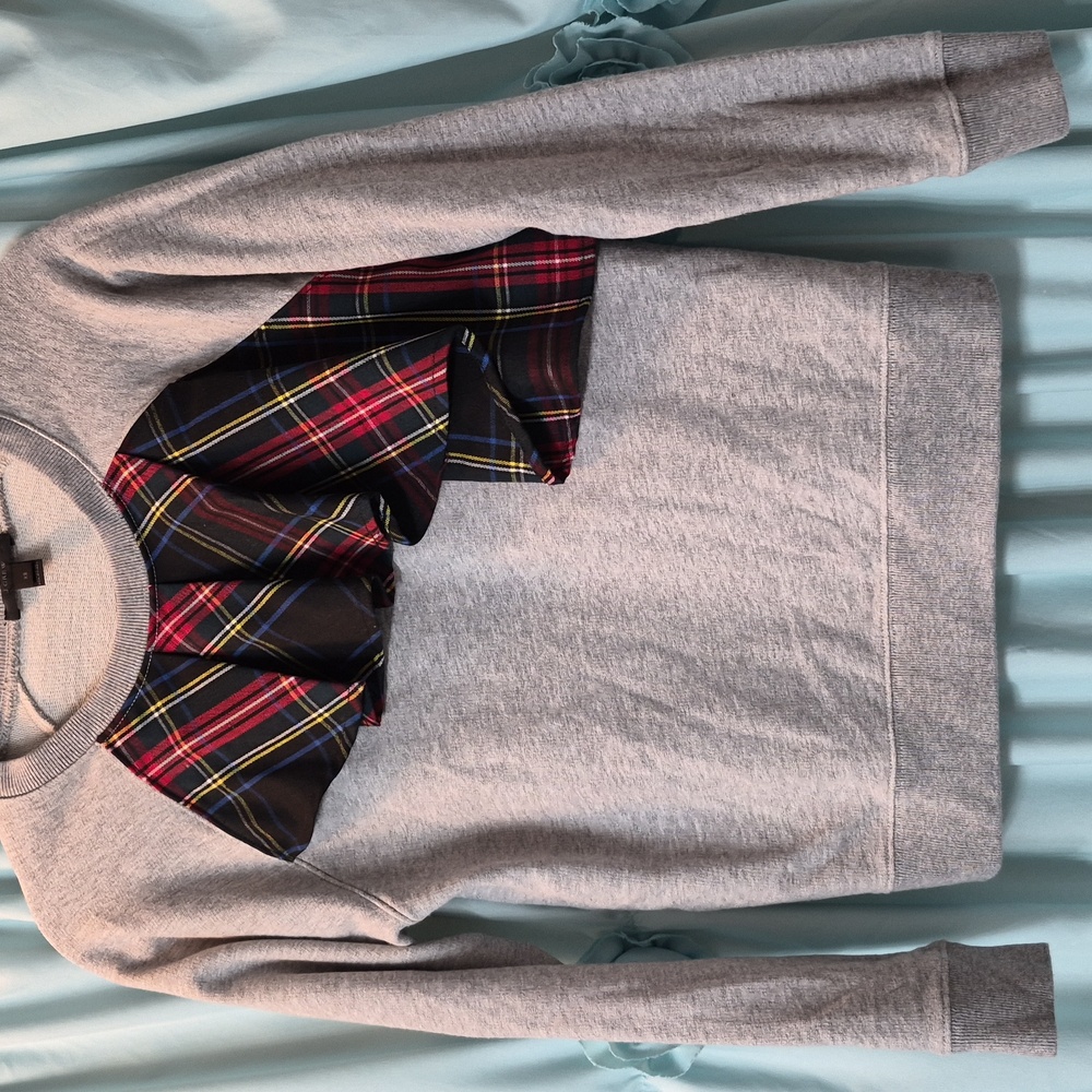 J Crew Grey Tartan Plaid Ruffle Sweatshirt Womens  Size XS